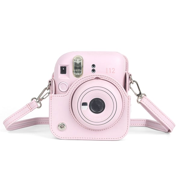 For Instax Mini 12 etui Reiseveske PU Lær Myk Skulderreim for Fujifilm Film Kamera Veske + Skulderreim Jasmine Hvit