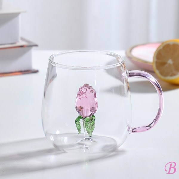 3D Rose Glas Cup Med Håndtag Hushållens Frukost Cup For Juice B