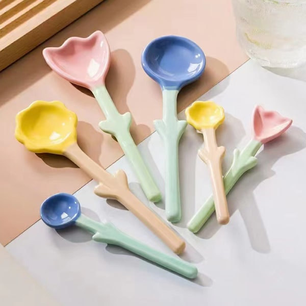 1: En Tulpanformet Keramisk Ske 3D Blomster Kaffe Ske Morgenmad Gul 2