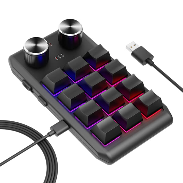 RGB Programmerbar Makro-tangentbord 12 Tangenter Plug-Play Mini-tangentbord för Enhands-spel Svart