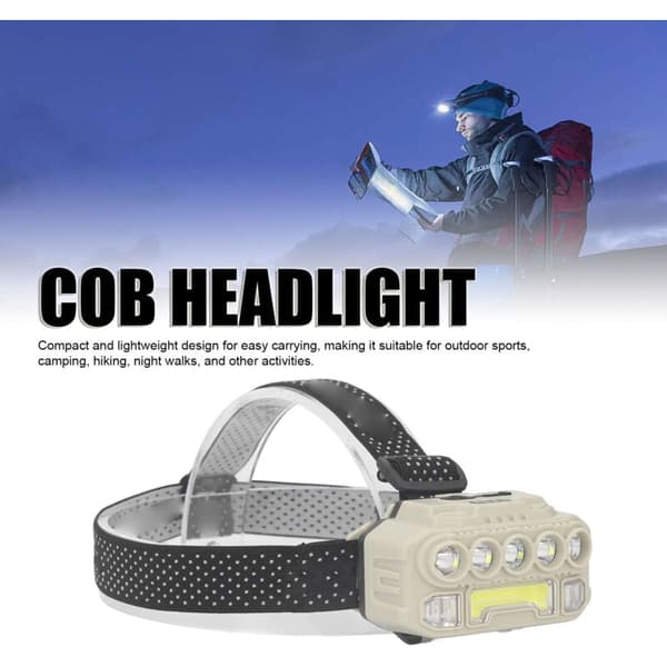 COB LED Hodelykt Utendørs Camping Hodelykt med Justerbart Hodebånd Lett Hodelykt Batteriindikator Bevegelsessensor 1200MAH, DUBUNS