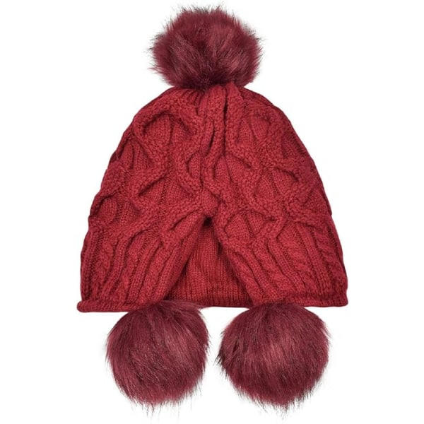 Naisten neulottu pipo, lämmin talvipipo Pom Pom Bobble Hat -tyylillä tuulenpitävillä korvaläpillä (punainen)