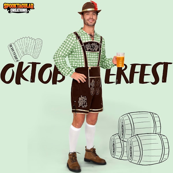 Bavarian Tysk Oktoberfest Herre Kostume Sæt i Grøn Ternet til Halloween Fest, Ølfestival M