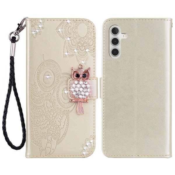 For Samsung Galaxy A34 5g Rhinestone PU Læderpung Etui Phone case Trykt Ugle Blomst Cover Guld