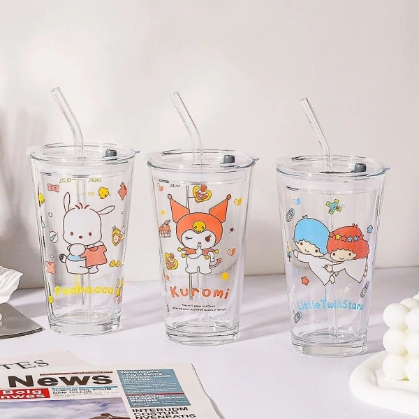Genomskinlig glaskopp Söt tecknad frukostkopp Halm med lock Mjölk Juice Vattenkopp Glas Sippy Cup Barngåva Kuromi Kuromi