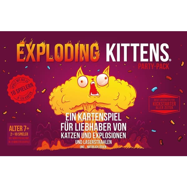 ASMODEE | Exploding Kittens – Partypakke | 1 x grundspil + udvidelse | Festspil | Kortspil | 2-10 spillere