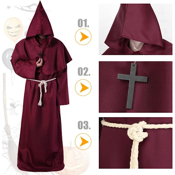 Halloween dekoration, middelalderlig renæssance, munk med hætte og snor, mænd præster med kors til temafest halloween cosplay karneval og fastelavn Vinröd L