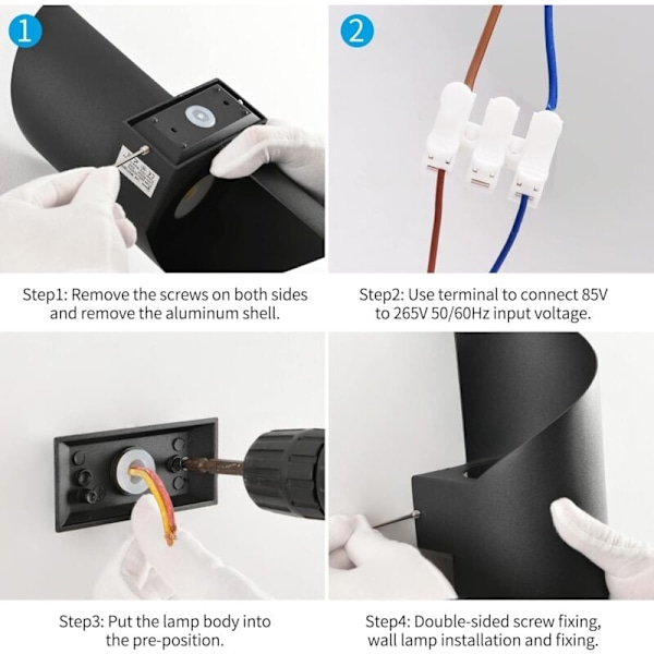 Indendørs/Udendørs Væglampe, 10W 3000K Varm Hvid Lampe, Moderne Op Ned Lampearmatur, Vandtæt IP65 Belysning, Metalspiral til Bar, Soveværelse, Sort