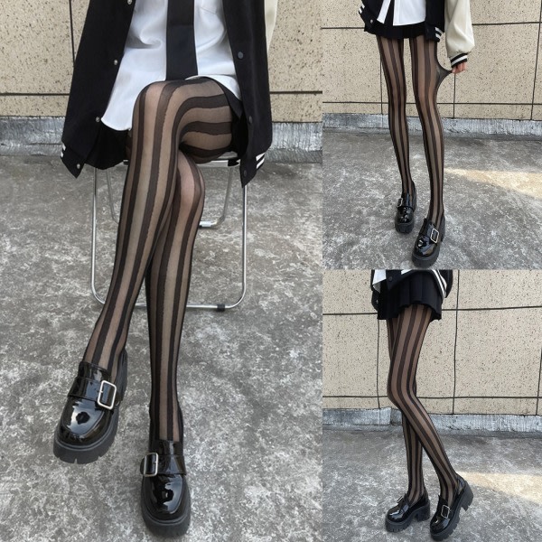 Women's Sexy Silky Transparent Pantyhose Harajuku Black Vertical Striped Sheer Full Foot Tights Stretchy Beauty Leg Socks Leggings Stockings