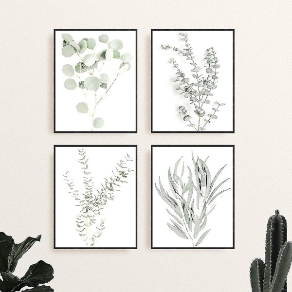 Botaniska Växtväggkonsttryck - Set med 4 Växtväggdekorationer Blommor Köksblommor Väggkonst Boho Leaf Eucalyptus (Oinramad) (8x10)