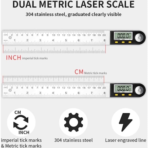Vinkel lineal vinkelmåler 0°-360° rustfrit stål LCD display til træbearbejdning, hjemmearbejde, konstruktion