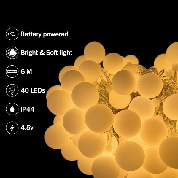 Sfäriska ljusslingor, små 3M 20 LED-kulor, batteridrivna