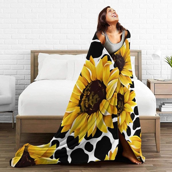 Solsikke Ko Mønster Filte, Hele Sæsonen Letvægt Blød Varm Mikro Fleece Tæppe Til Stue-o326 50x40in 125x100cm