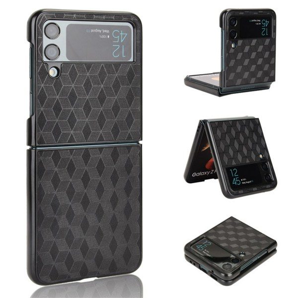 Geometriskt fodral kompatibelt med Samsung Galaxy Z Flip 4, hård PC+PU-läder Stötsäkert skal Svart