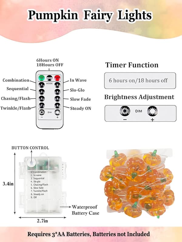Halloween Decorations 3D Pumpkin String Lights Battery Operated with Remote Control, 3m Autumn Orange String Lights for Halloween Decorations