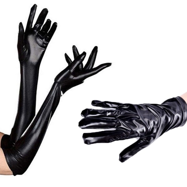 Stretch PU Læder Skinny Lang Handske Punk Rock Hip Hop Jazz Dis Sort Lang