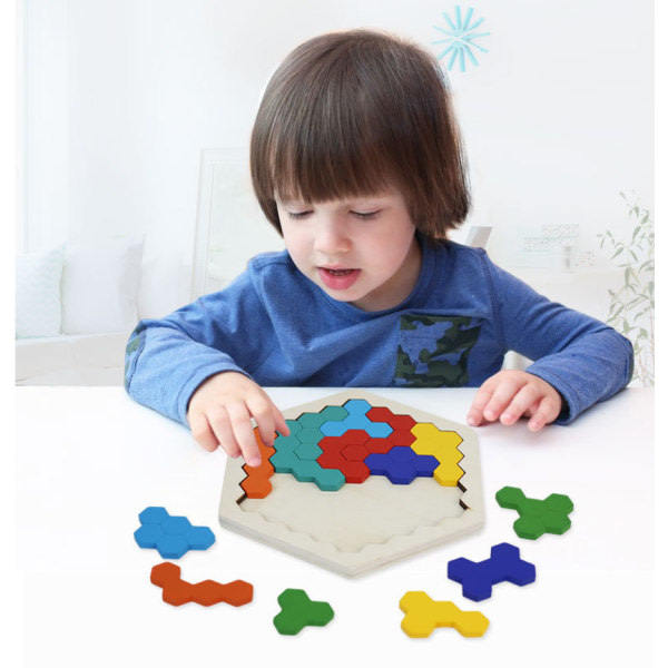 CDQ Trähexagon Pussel - Form Block Tangram Hjärngympa Leksak