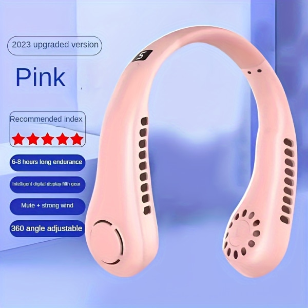 USB-laddning med 5-växlad justerbar långräckvidds halsfläkt Håll dig sval och bekväm Digital display och bladlös hands-free hals luftkonditionering Pink