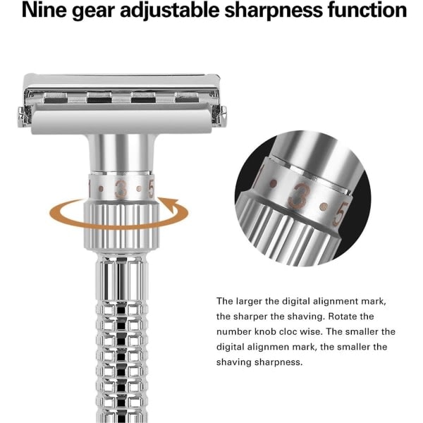 Rakblad Justerbare Razor Blades Bilateral Razor Safety Razor Blades Zinklegering Manuellt Razor Head for Men with Travel Case 1st-Silver