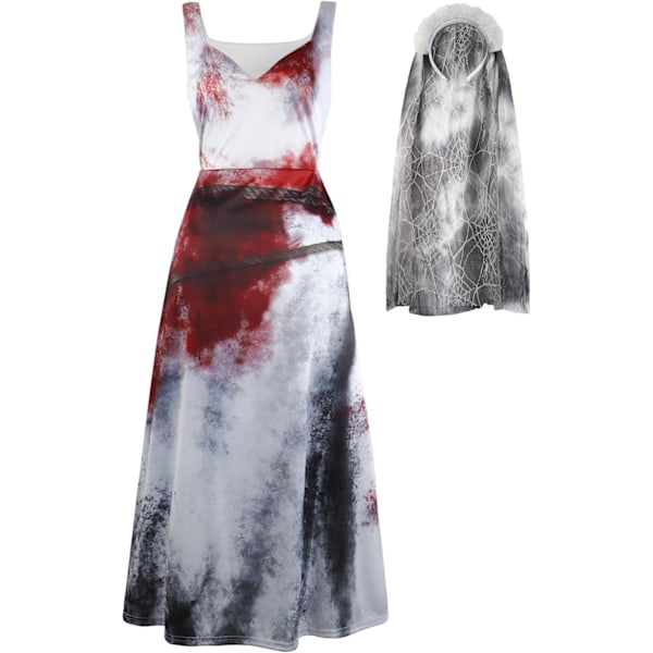 Zombie brudekostume til damer, Halloween fancy outfit spøgelses krop kjole blodig kostume M