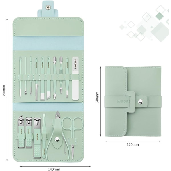 Nagelklippare Bärbar Set - Manikyr Set Rostfritt stål Nagelklippare Set med hopfällbar påse Manikyr Cutter Kit (16 STK/ SET, Grön)