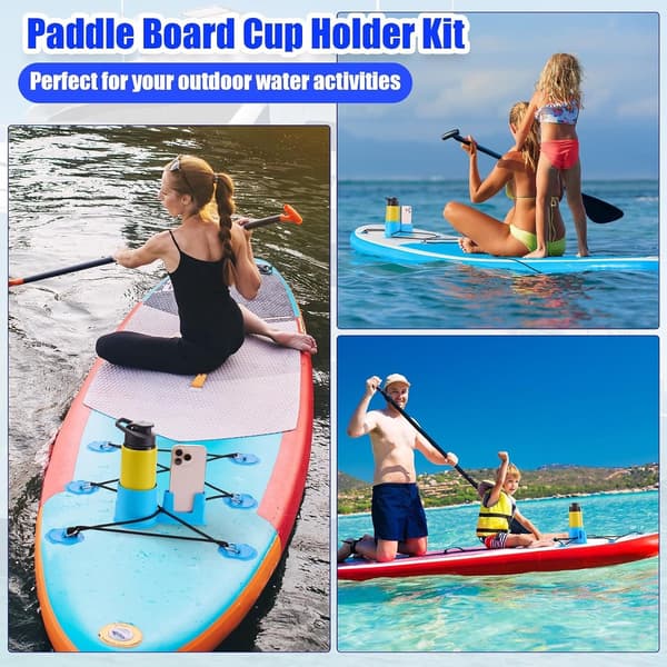 2-i-1 kopholder til paddleboard med telefonholder, 6 PVC D-ring-lapper og 2,5 meter elastisk bungee-snor, blå kopholder til paddleboards, kajakker, surfbrætter