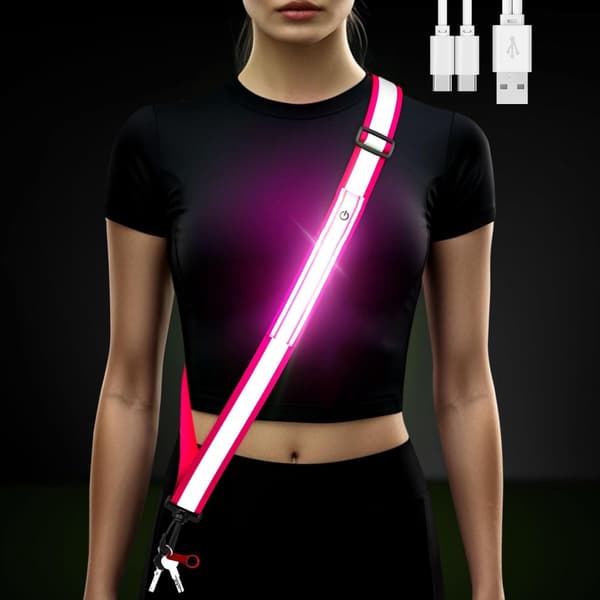 LED Reflekterende Skulderstropp, USB Oppladbar, 3 Lysmoduser, Justerbar 130-154 cm, For Nattløping, Turgåing Og Sykling, Rosa