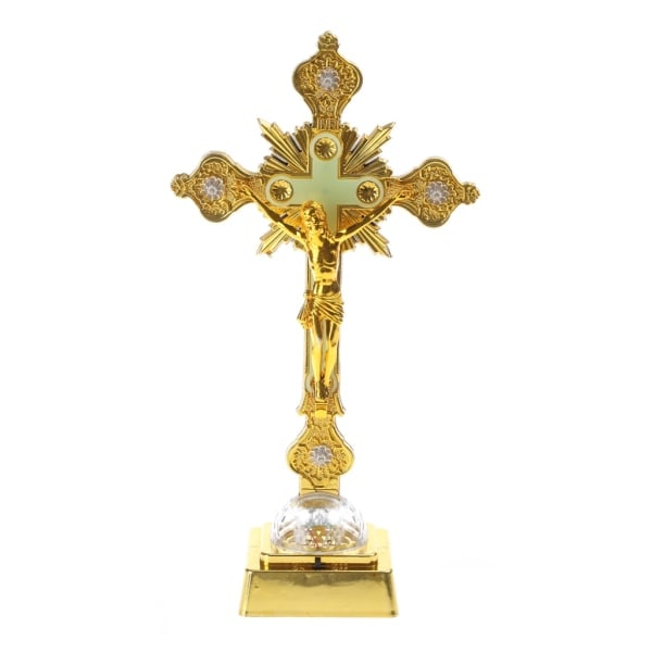 Kirkon jäännösten figuriinit Yövalo Krusifiksi Jeesus Kristus jalustalla Lamppu Risti Katolinen Antiikki Koti Dekor Kulta
