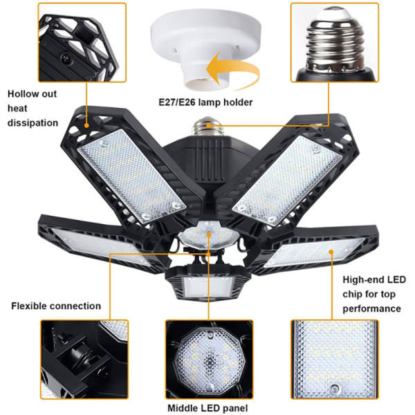 200W LED Garagelampe E26/E27 Deformerbar loftslampe Sort