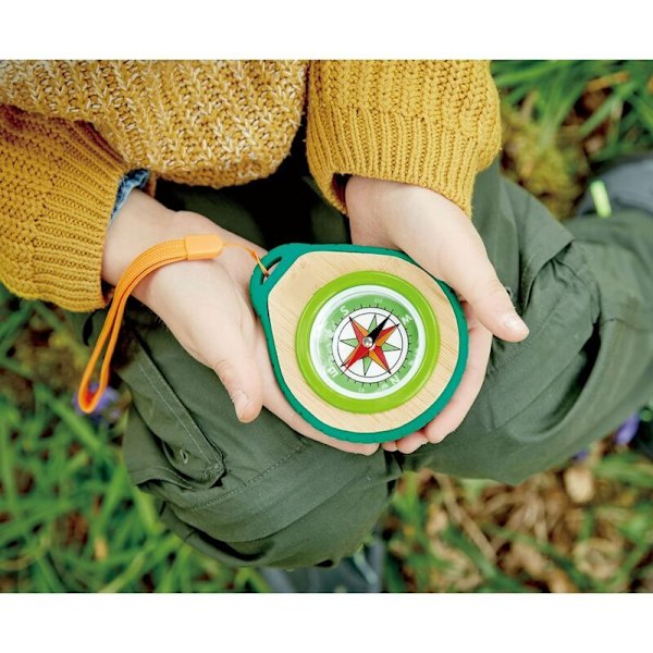 Barnkompass-set från 4 år - Barnens upptäcktsfärds-kit med spegel och karbinhake - Tillverkad av bambu & växtbaserad plast, 15 x 15 x 3,5 cm