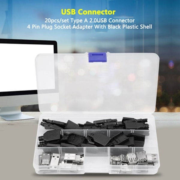 20 kpl USB 2.0 Type A -liitin, 4-nastainen pistokesovitin mustalla muovikuorella, DUBUNS