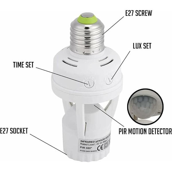 Sockel med PIR-rörelsesensor Glödlampor med E27-sockel för inomhusbruk med tids- och ljusjustering (Glödlampa ingår ej)