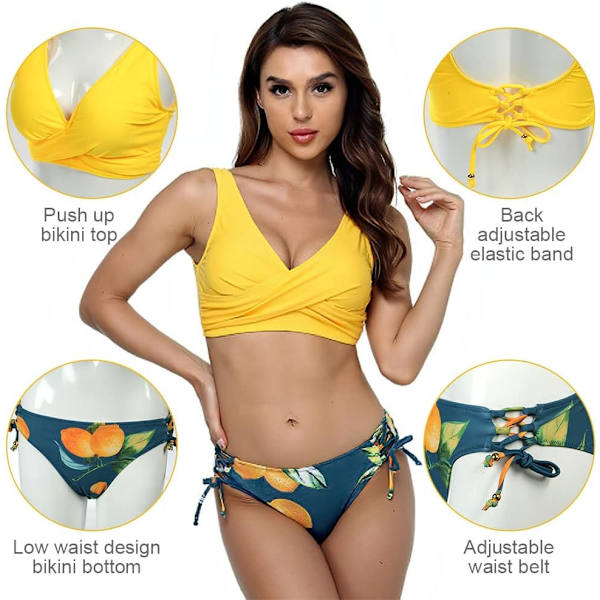 Naisten korkeavyötäröinen bikinin setti, kaksiosainen vintage-halter-ryppyinen bikinin, rantauimapuku V-kaula-twist-etupuoli, seksikäs uimapuku Gold XL