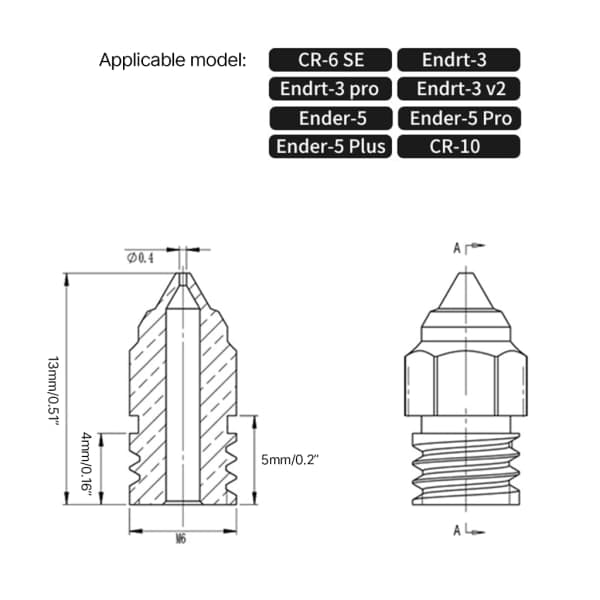 Kovettunut teräsuutin CR6SE:lle, Endrt3 Endrt3pro, Endrt3v2, Ender5, Ender5Pro, Ender5Plus, CR10 0.6mm