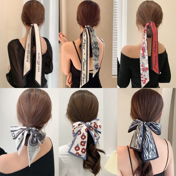 Nytt mode sidenscarf hårband Long Ribbon Bow n Printing Hai A4 one size A4 one size