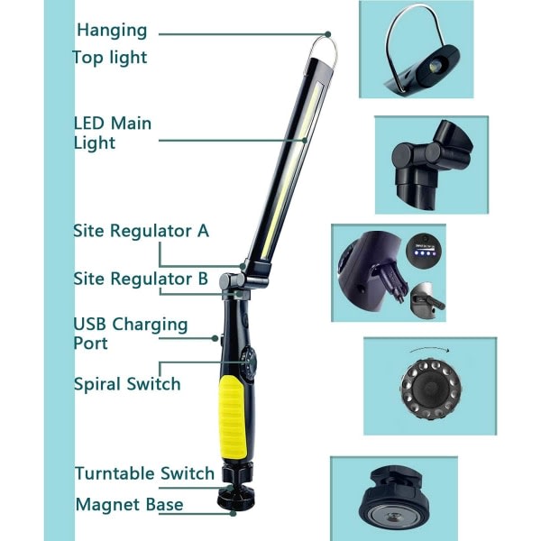 COB arbeidslys, oppladbar sammenleggbar LED lommelykt inspeksjon