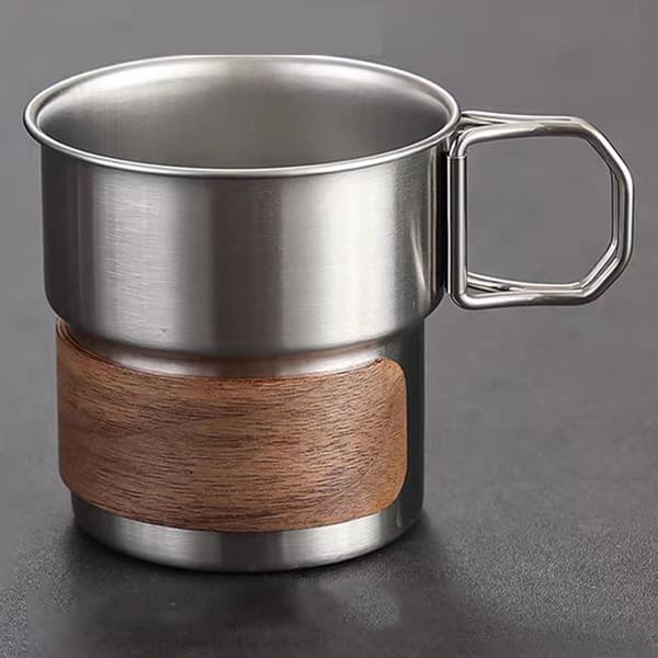 Utendørs campingkrus, 304 rustfritt stål, sammenleggbart håndtak, trehylse, for fotturer, camping og reise, 330 ml, sølv