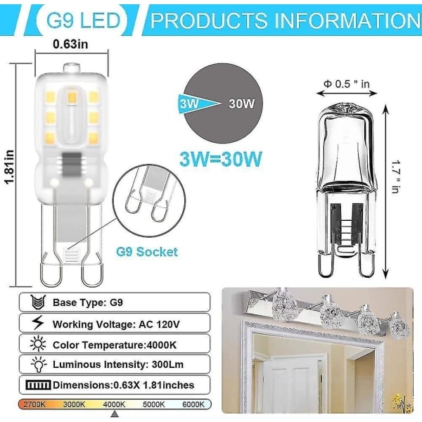 G9 LED-lamppu, G9 LED 220v Luonnonvalkoinen 4000k 3w halogeenivaste 30w halogeenilamppu 8-pakkaus [energialuokka E]