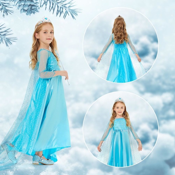 Elsa-kjole til jenter, Elsa-prinsessekostyme for barn, utkledning for barn til fest, brudepike, cosplay, festlek, jul, halloween 100cm