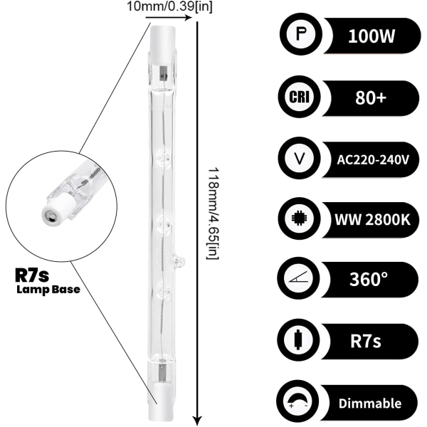 100W 118mm R7s Dimbar Halogenlampe Varmhvit 2800K (5-pak)