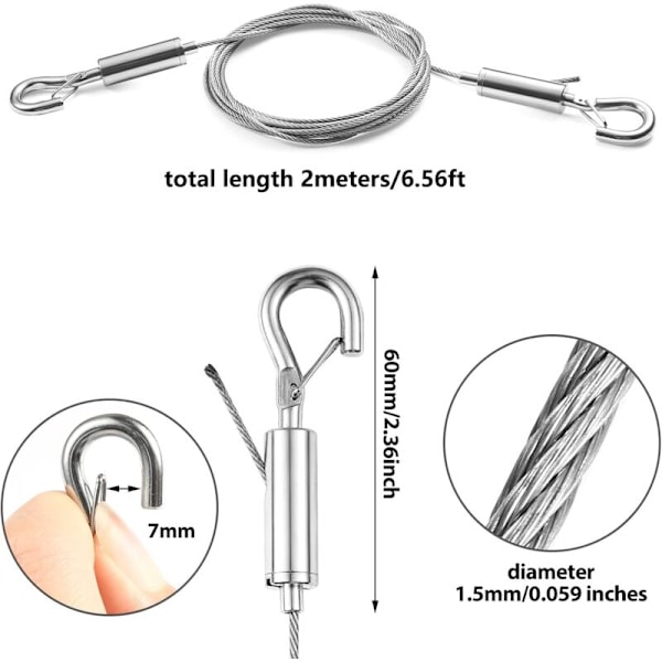 2 st Justerbar Bildhängningswire Kit - 2m x 1.5mm Rostfritt Stål för Speglar, Lampor, Skyltar - Håller Upp Till 30kg