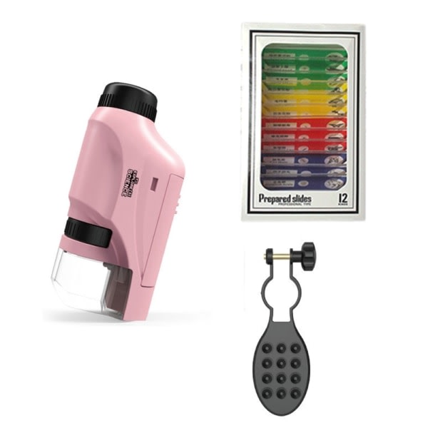 Håndholdt Mikroskopsett Lab LED-lys 60X-120X - Perfekt Rosa Brakett & Prøve