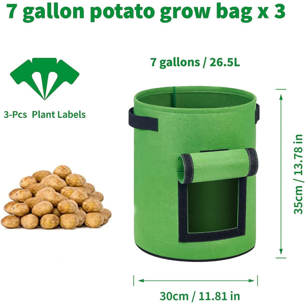 Planteposer Sæt med 3 Kartoffelposer med Bærehåndtag 7 Gallon Åndbar