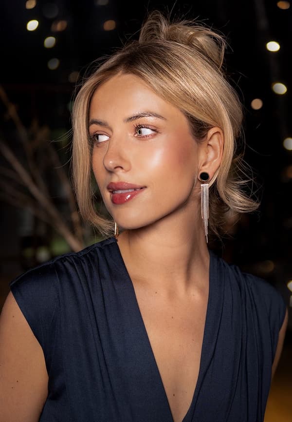 Chic by Lirette Lange Øreringe med Kæder, Rustfrit Stål Rosaguld Sort Rund Stud med Dinglekæder, Elegant Smykkegave til Kvinder, 7 cm