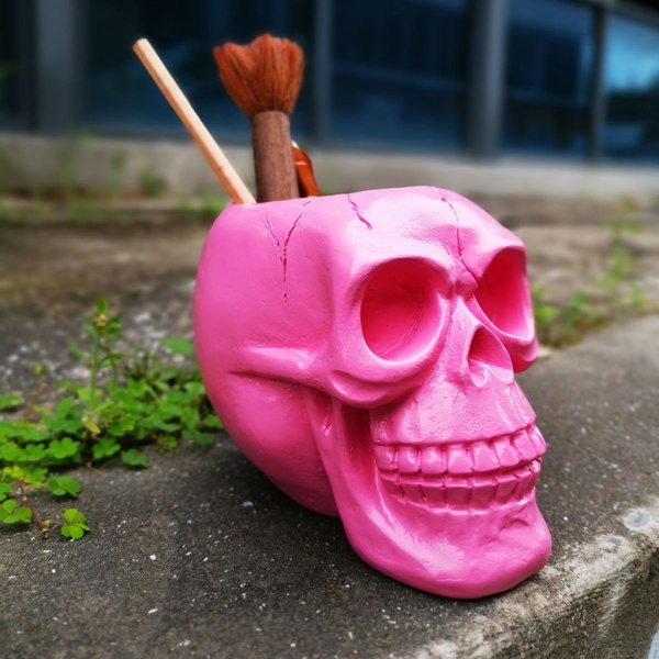 for Creative Pink Skull Ornament Skjelett Pen Holdare Desktop Pencil Organizer Makeup Borste Förvaring