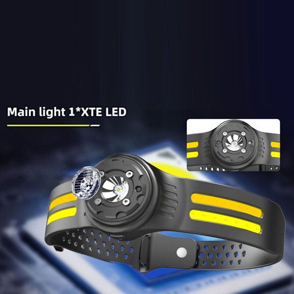 COB LED Otsalamppu 6 Valotilaa 360 Asteen Kierto Vedenpitävä Liiketunnistin Otsalamppu Ulkoiluun Juoksuun Pyöräilyyn, DUBUNS
