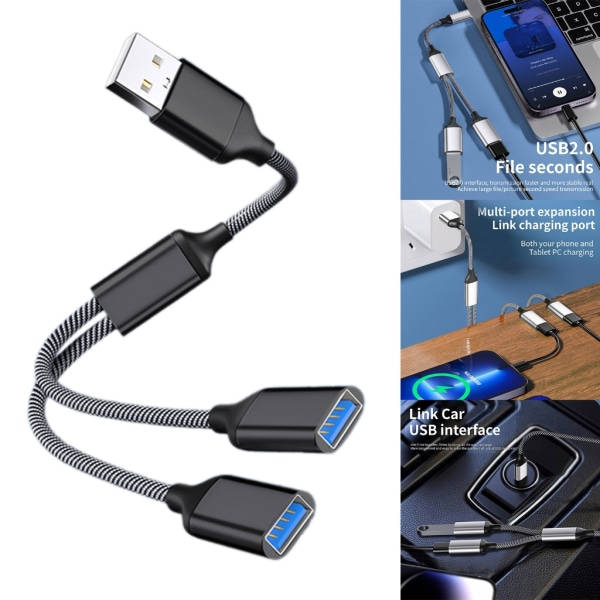 USB Splitter Kabel USB Hub Strømudvidelsesadapterkabel 28cm/11.02in Sort