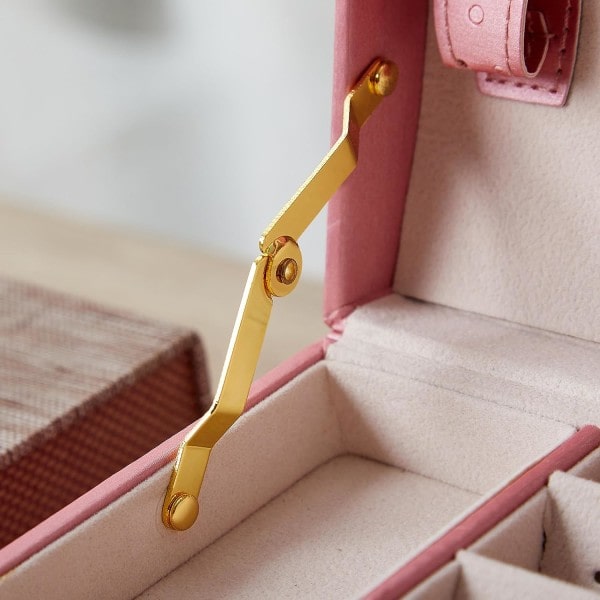 Smykkeæske, arrangør, 3-lags smykkeæske i PU-læder med spejl og lås, til ringe Armbånd Øreringe Halskæde, rosa