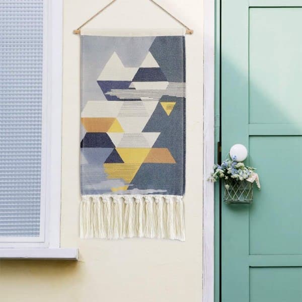 Macrame vävd väggbonad gobeläng grå geometrisk heminredning