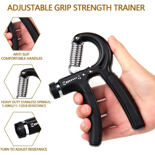 Håndtrener - Justerbar grepstyrketrener for underarms- og håndmuskler - Svart
